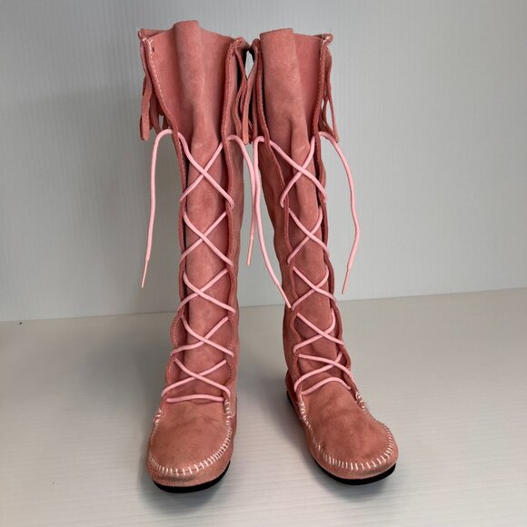 Minnetonka Boot Women 7 Leather Lace Up Knee High Fringe Suede Moc Party Core Ex - Picture 1 of 14